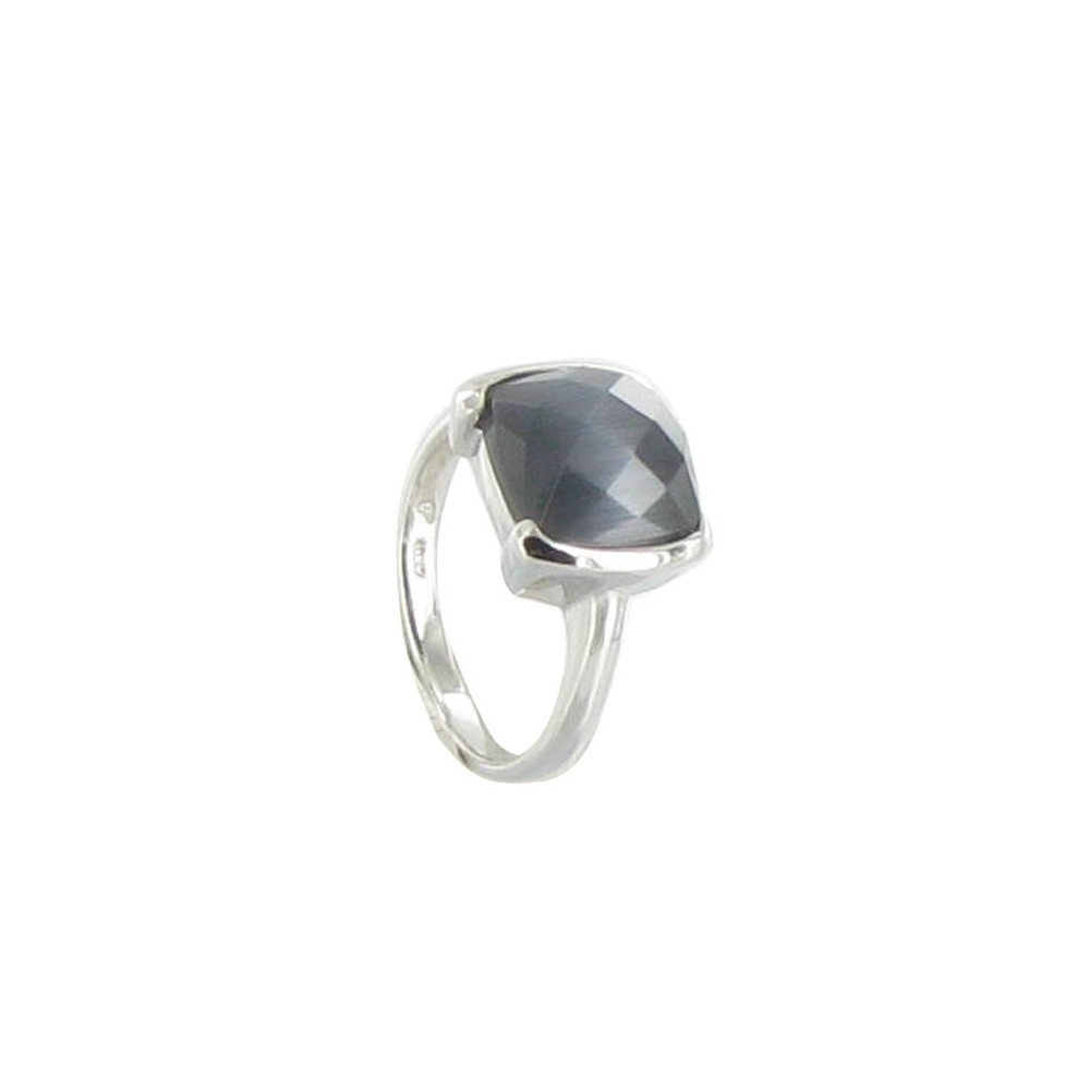 LES POULETTES BIJOUX Bague Argent et son Carré Oeil de Chat Facetée Noir - taille 54