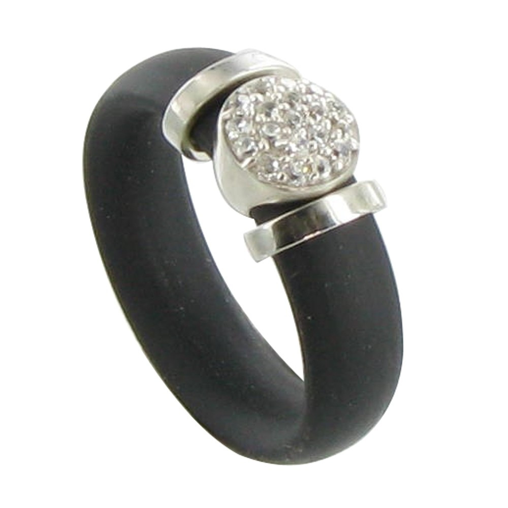 LES POULETTES BIJOUX Bague Silicone Noir Rond Argent et Strass - taille 58