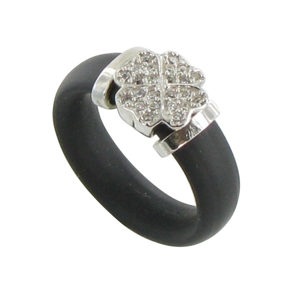 LES POULETTES BIJOUX V Bague Silicone Noir Trèfle Argent et Strass - taille 54