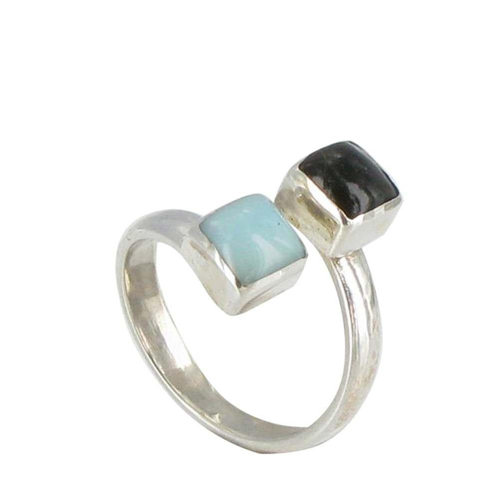 LES POULETTES BIJOUX Bague Argent Toi et Moi Larimar et Corne Noir - taille 52