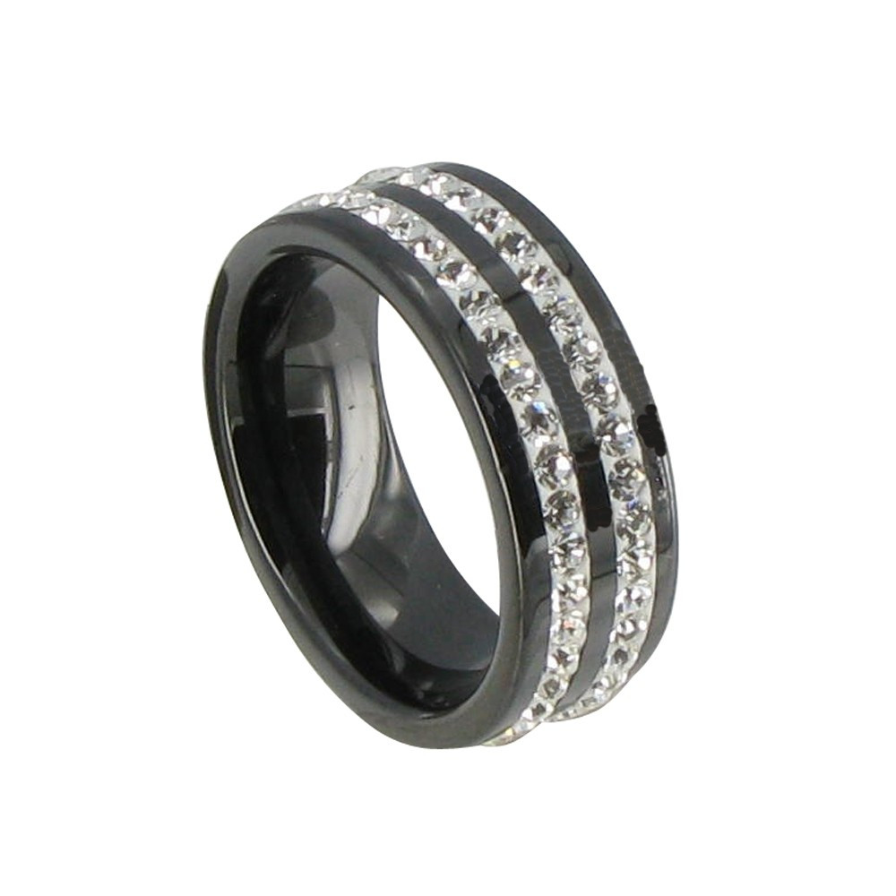 LES POULETTES BIJOUX Bague Anneau Large de Céramique Noir et strass - 8mm