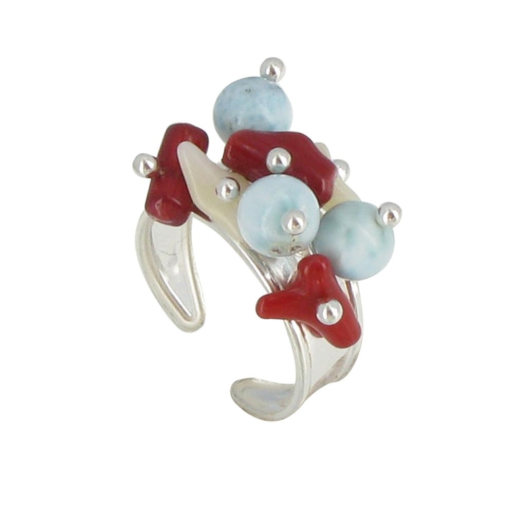 LES POULETTES BIJOUX Bague Argent Perles de Larimar, Corail Rouge et Blanc - taille