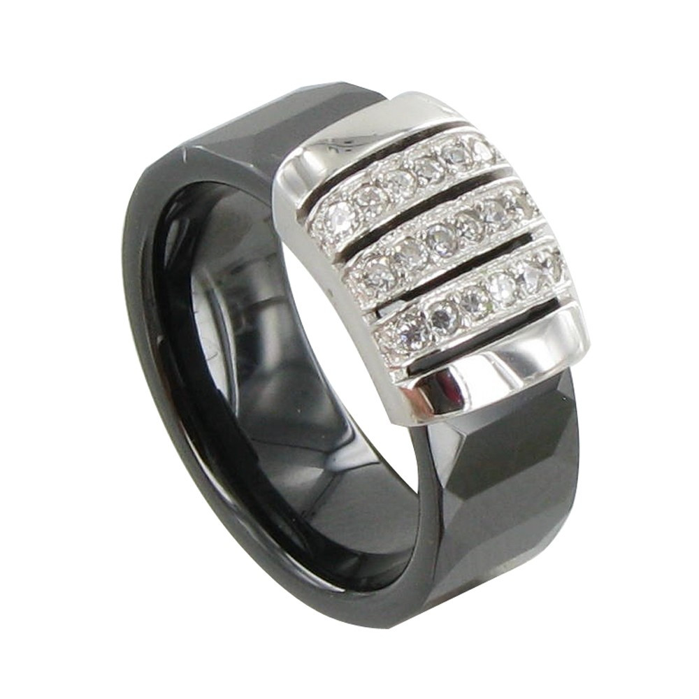 LES POULETTES BIJOUX Bague Céramique Noire Barrette Argent et Strass - taille 54