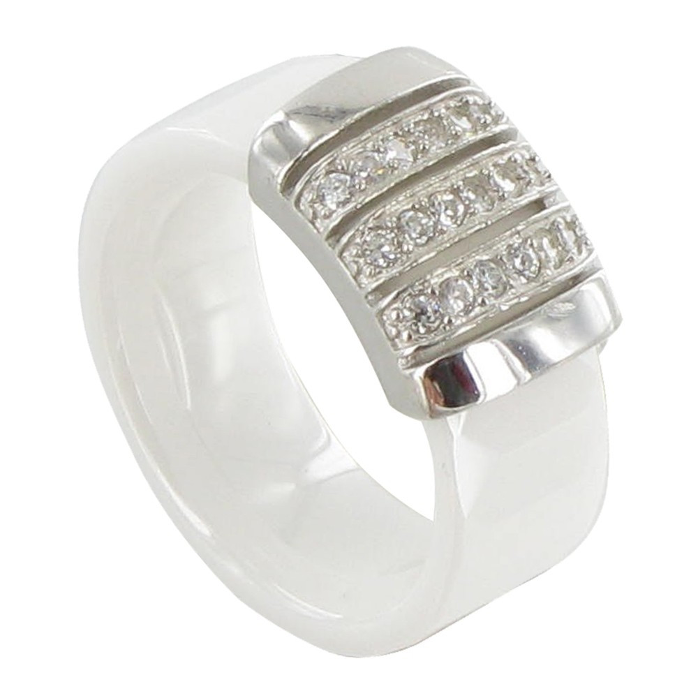 LES POULETTES BIJOUX - Bague Céramique Blanche Barrette Argent 925 et Strass - taill