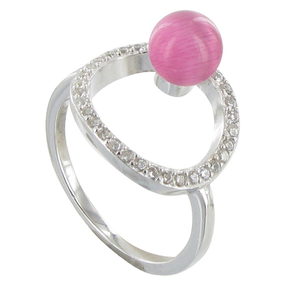 LES POULETTES BIJOUX - Bague Argent Cercle de Strass et Perle Oeil de Chat Rose