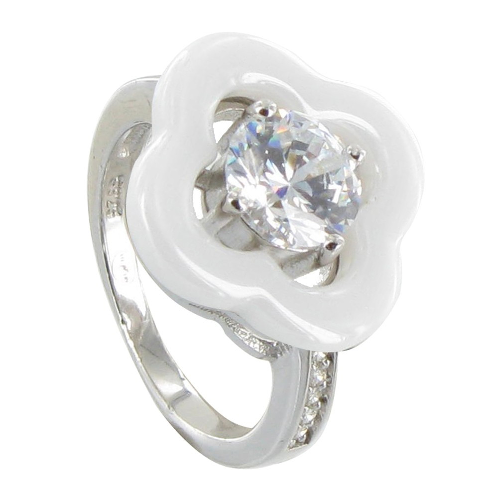 LES POULETTES BIJOUX Bague Argent Fleur Céramique Blanche et Strass Rond - taille 50
