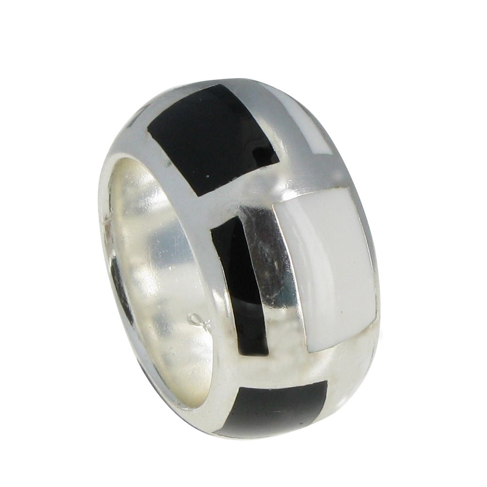 LES POULETTES BIJOUX Bague Plaqué Argent Quadrillé Résine Noire et Blanche - taille