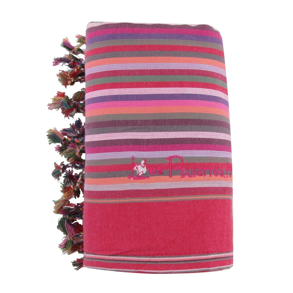 LES POULETTES BIJOUX Kikoy Serviette Plage Coton Couleur Rayé Fuchsia Eponge Rose