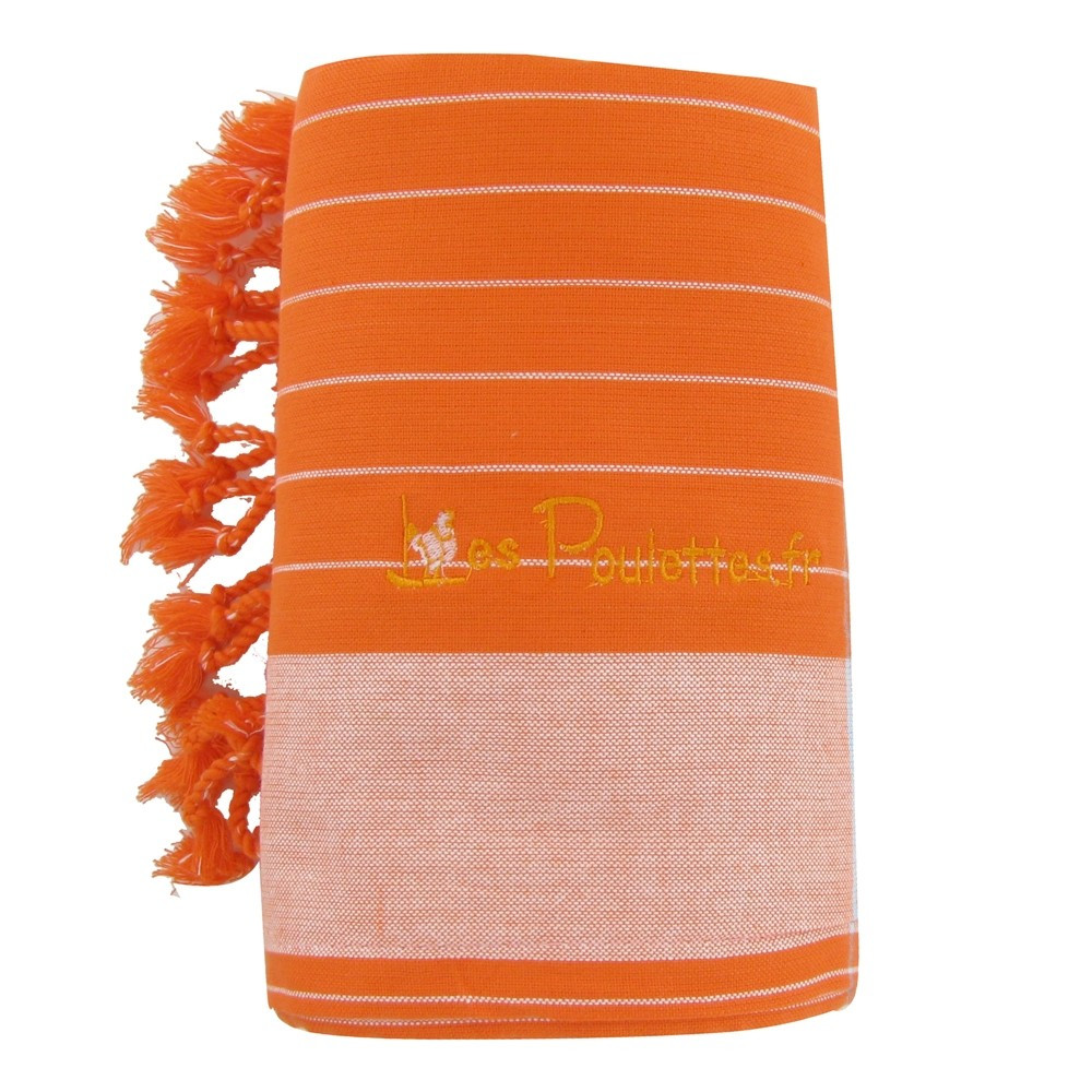 LES POULETTES BIJOUX Kikoy Serviette Plage Coton Couleur Orange Rayé Blanc