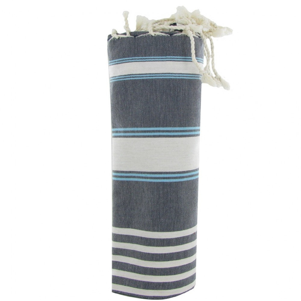LES POULETTES BIJOUX V Fouta Drap Plage et Hammam Coton Gris Rayé Blanc et Turquoise