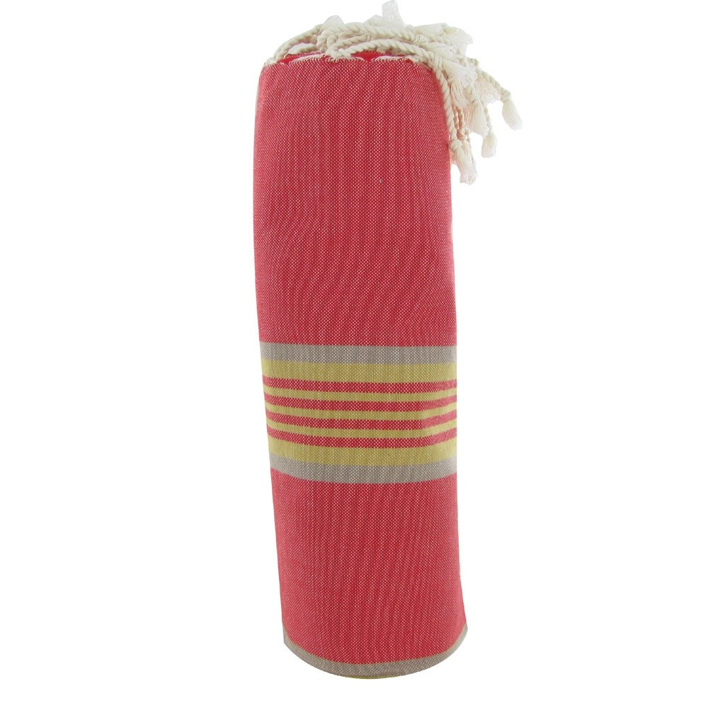 LES POULETTES BIJOUX - Fouta Drap Plage et Hammam Coton Rouge Rayé Gris Ocre Saumon