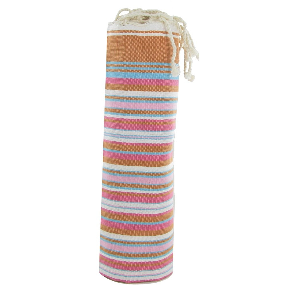 LES POULETTES BIJOUX V Fouta Drap Plage et Hammam Coton Marron Rayé Fuchsia Turquois