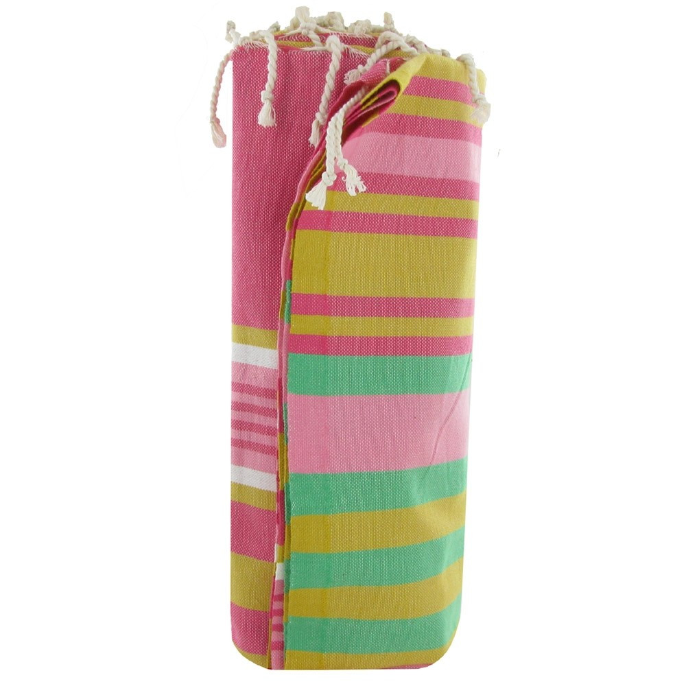 LES POULETTES BIJOUX V Fouta Drap Plage et Hammam Coton Fuchsia Rayé Vert Jaune et B