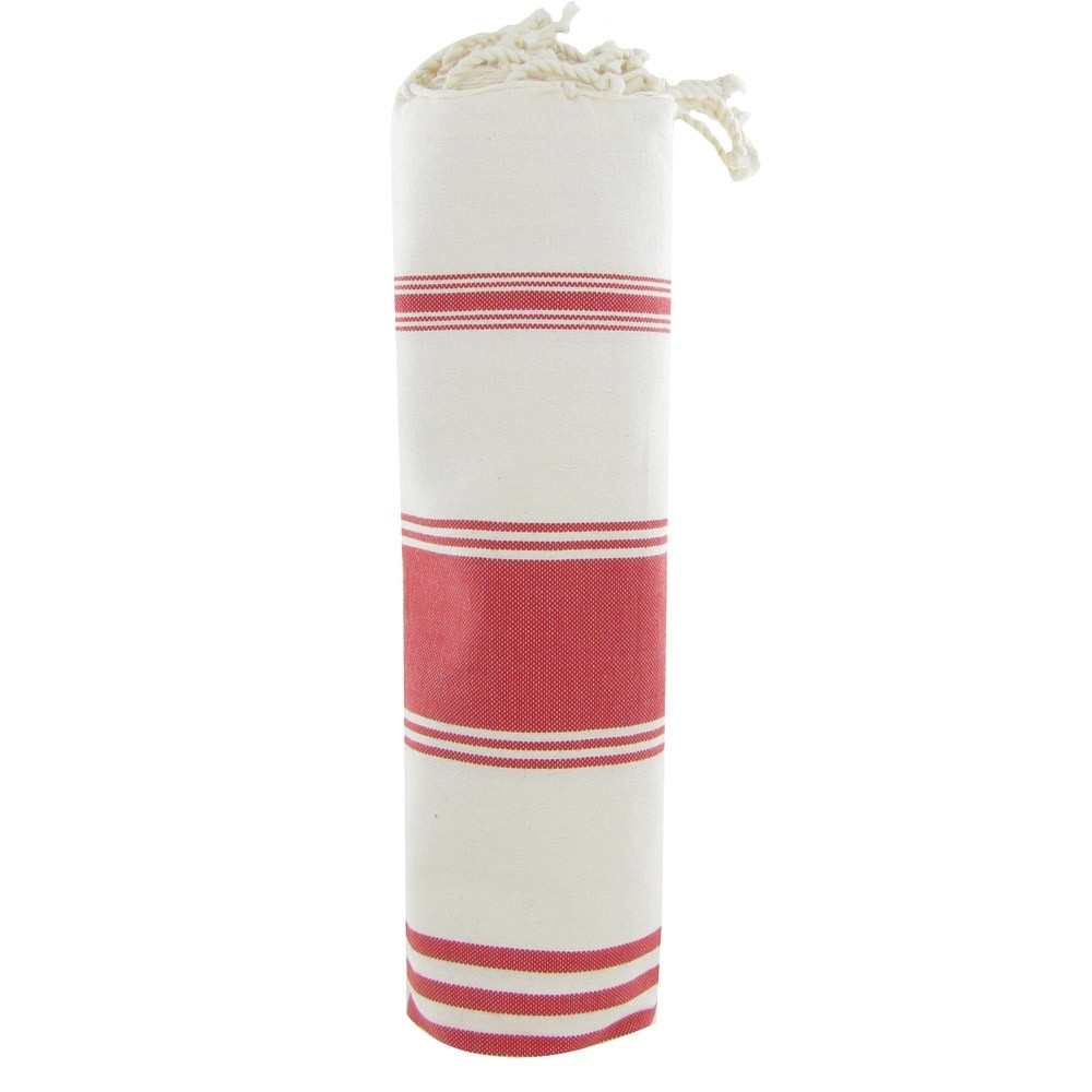 LES POULETTES BIJOUX - V Fouta Drap Plage et Hammam Coton Beige Rayé Rouge