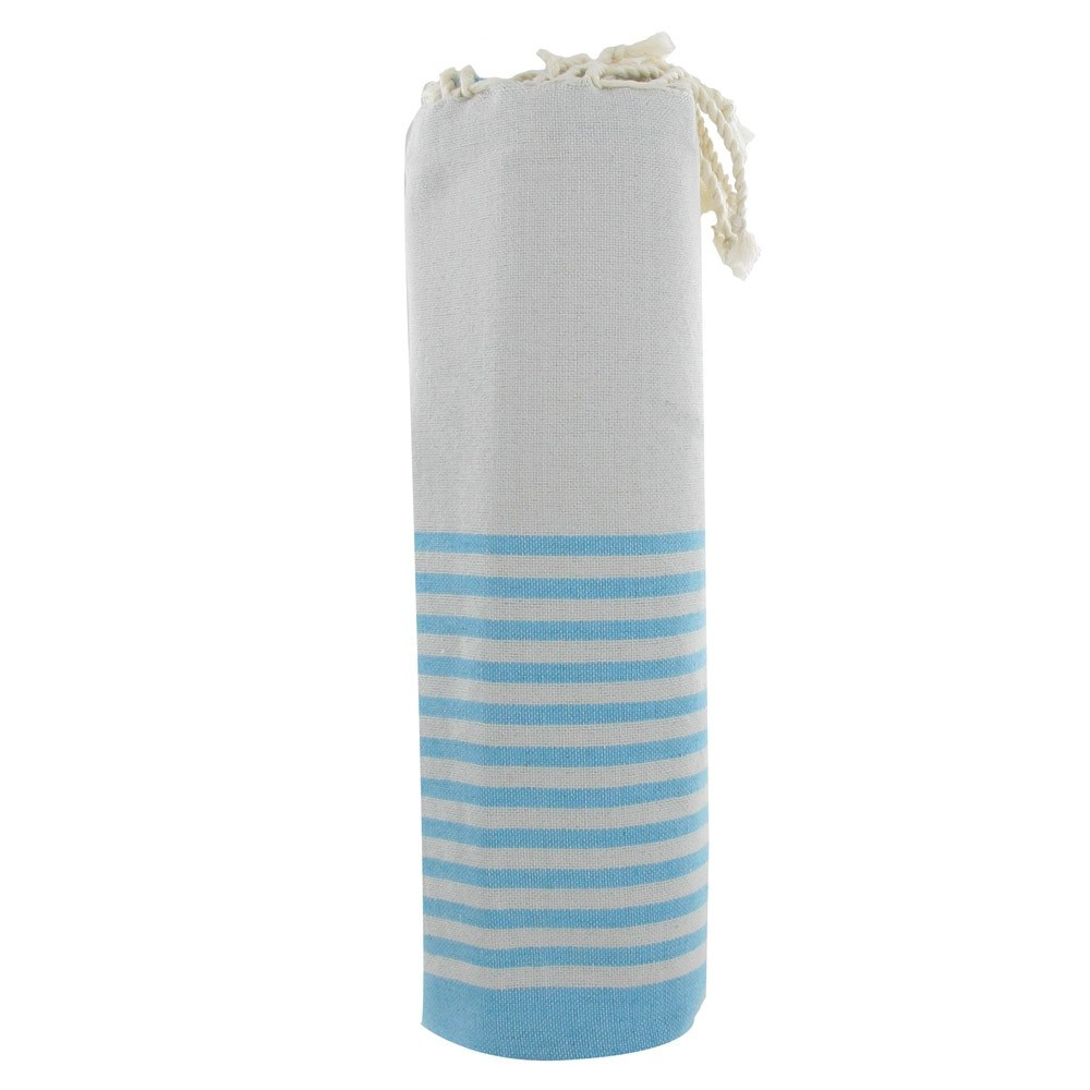 LES POULETTES BIJOUX V Fouta Drap Plage et Hammam Coton Beige Rayé Turquoise Clair