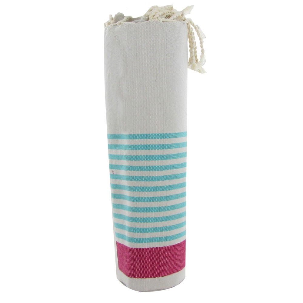 LES POULETTES BIJOUX V Fouta Drap Plage et Hammam Coton Beige Rayé Vert Eau et Fuchs