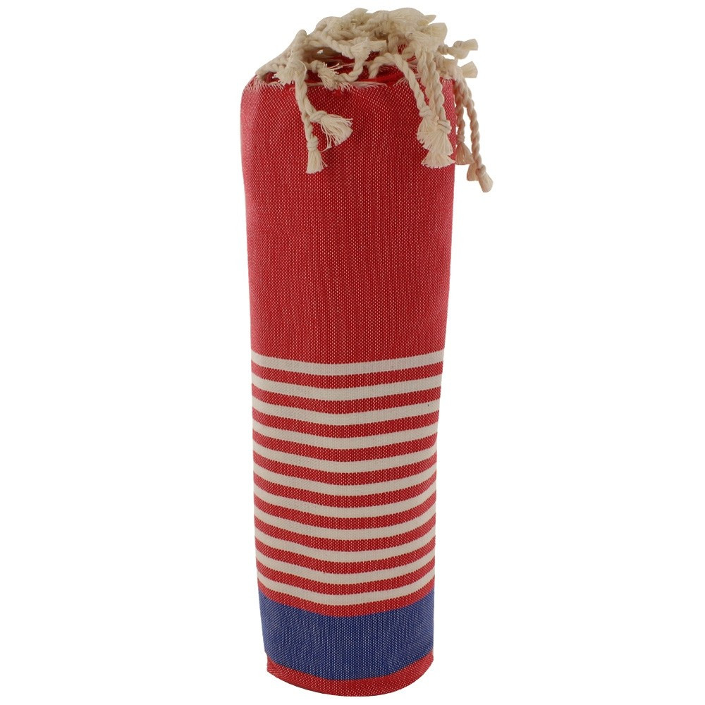 LES POULETTES BIJOUX V Fouta Drap Plage et Hammam Coton Rouge Rayé Bleu