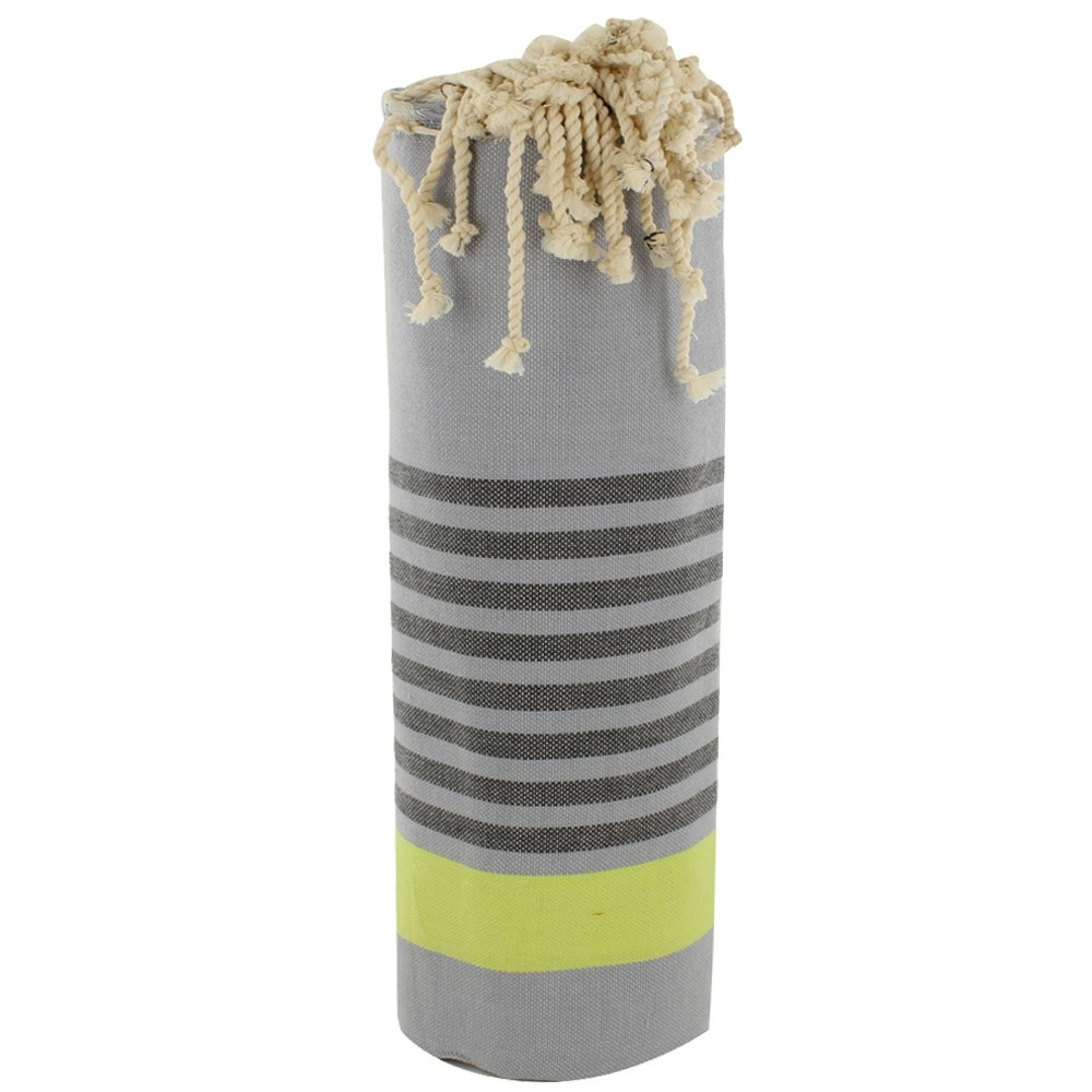 LES POULETTES BIJOUX V Fouta Drap Plage et Hammam Coton Gris Rayé Noir et Jaune