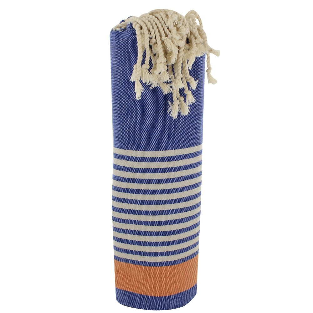 LES POULETTES BIJOUX Fouta Drap Plage et Hammam Coton Bleu Rayé Beige et Orange