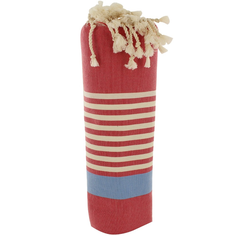 LES POULETTES BIJOUX Fouta Drap Plage et Hammam Coton Rouge Rayé Blanc et Bleu