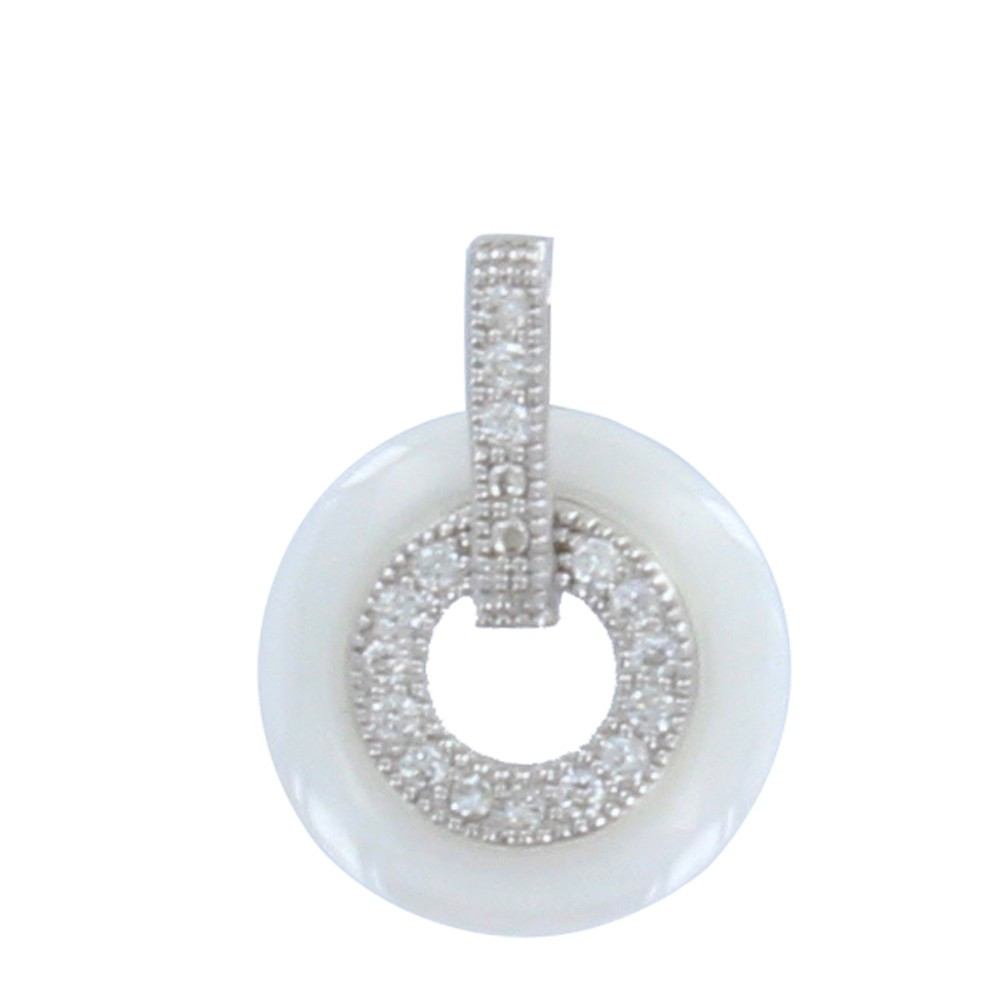 LES POULETTES BIJOUX Pendentif Argent Rhodié Petit Disque Céramique Blanche et Strass
