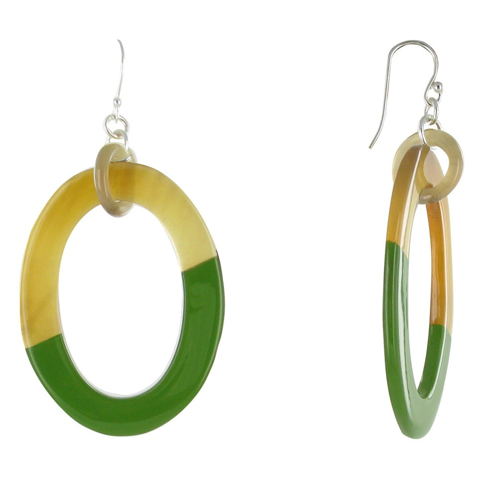 LES POULETTES BIJOUX V Boucles d'Oreilles Anneaux en Corne et Résine Verte