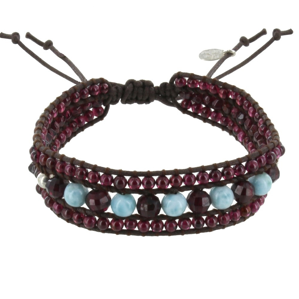 LES POULETTES BIJOUX Bracelet Lien Tréssé Marron Perles Grenat et Larimar