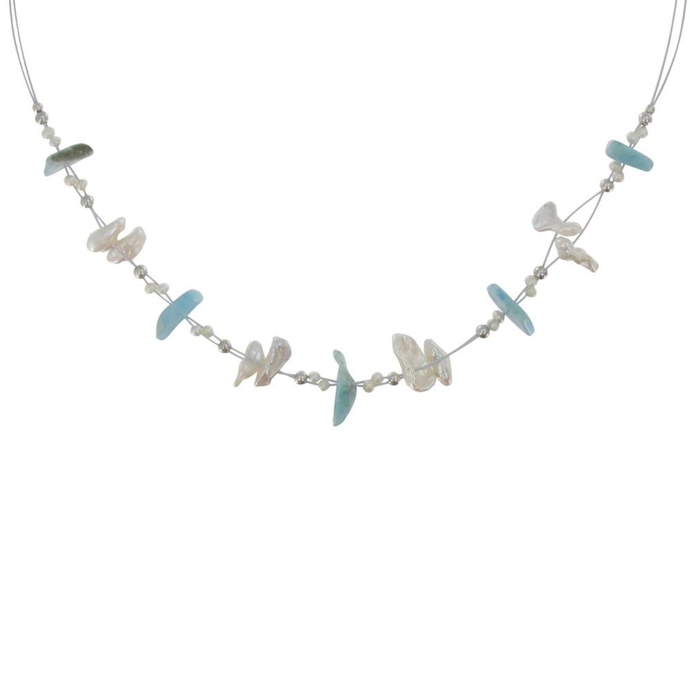 LES POULETTES BIJOUX Collier Argent sur Cables Pavés de Keshi et Larimar