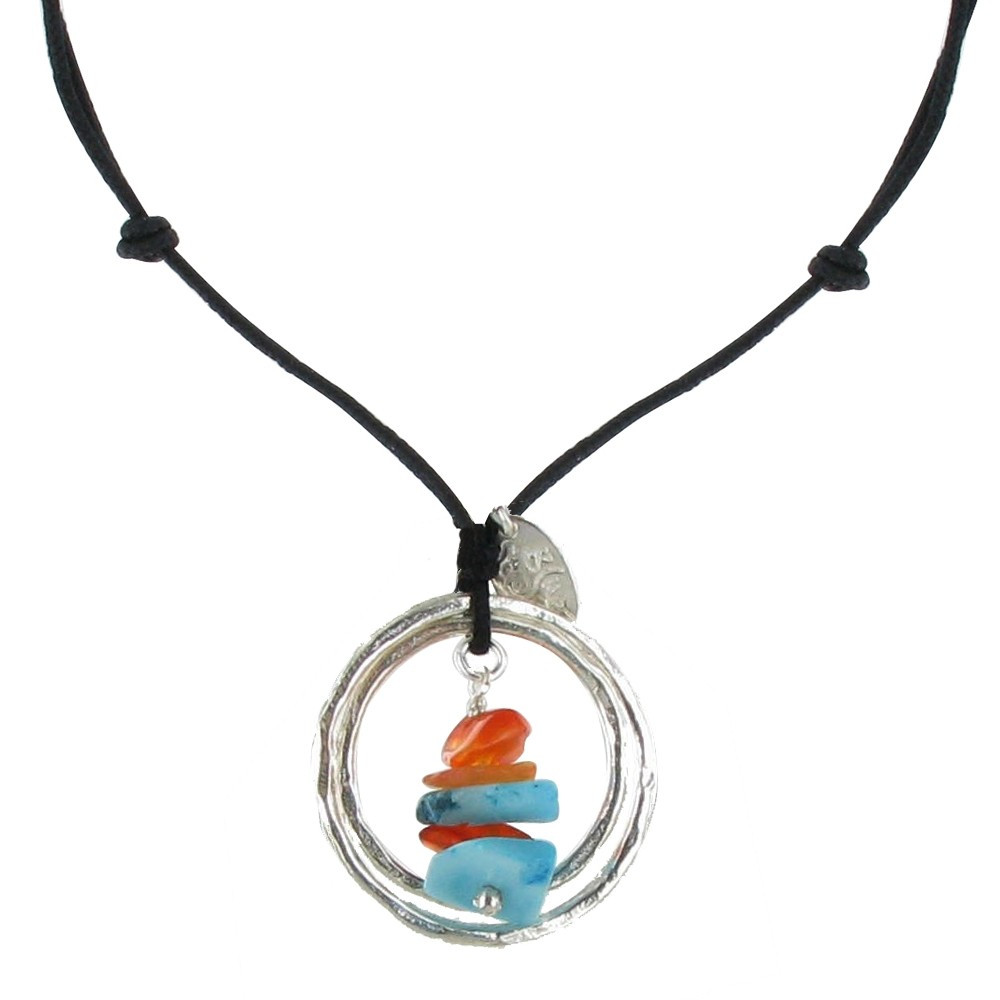 LES POULETTES BIJOUX Collier Lien Noir Deux Anneaux Argent Pavés de Cornaline et Lar
