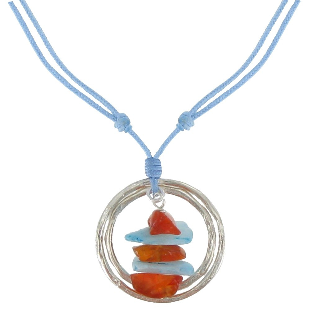 LES POULETTES BIJOUX Collier Lien Bleu Deux Anneaux Argent Pavés de Cornaline et Lar