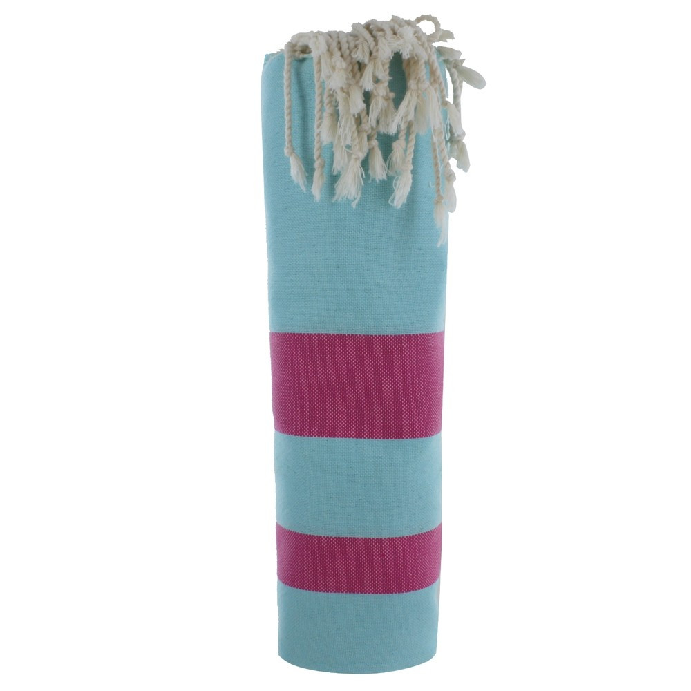 LES POULETTES BIJOUX Fouta Drap Plage et Hammam Coton Turquoise Rayé Fuchsia