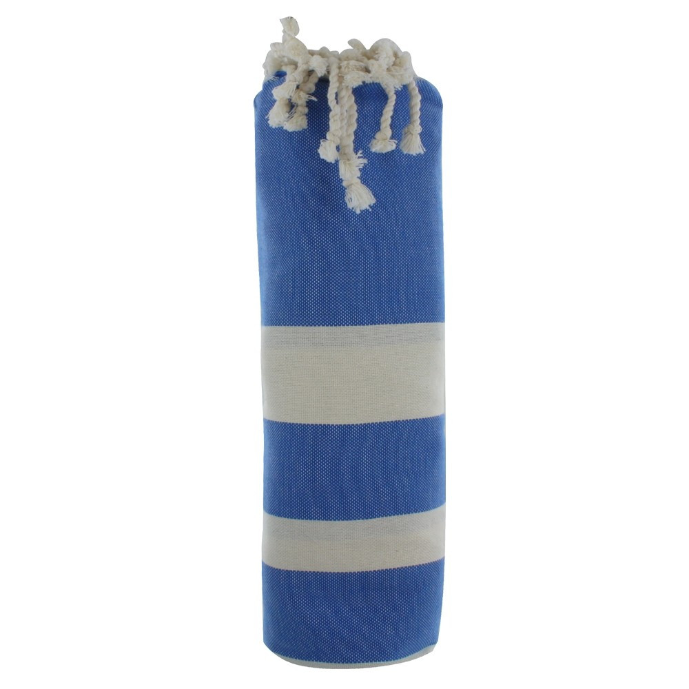 LES POULETTES BIJOUX V Fouta Drap Plage et Hammam Coton Bleu Grosses Rayures Blanche