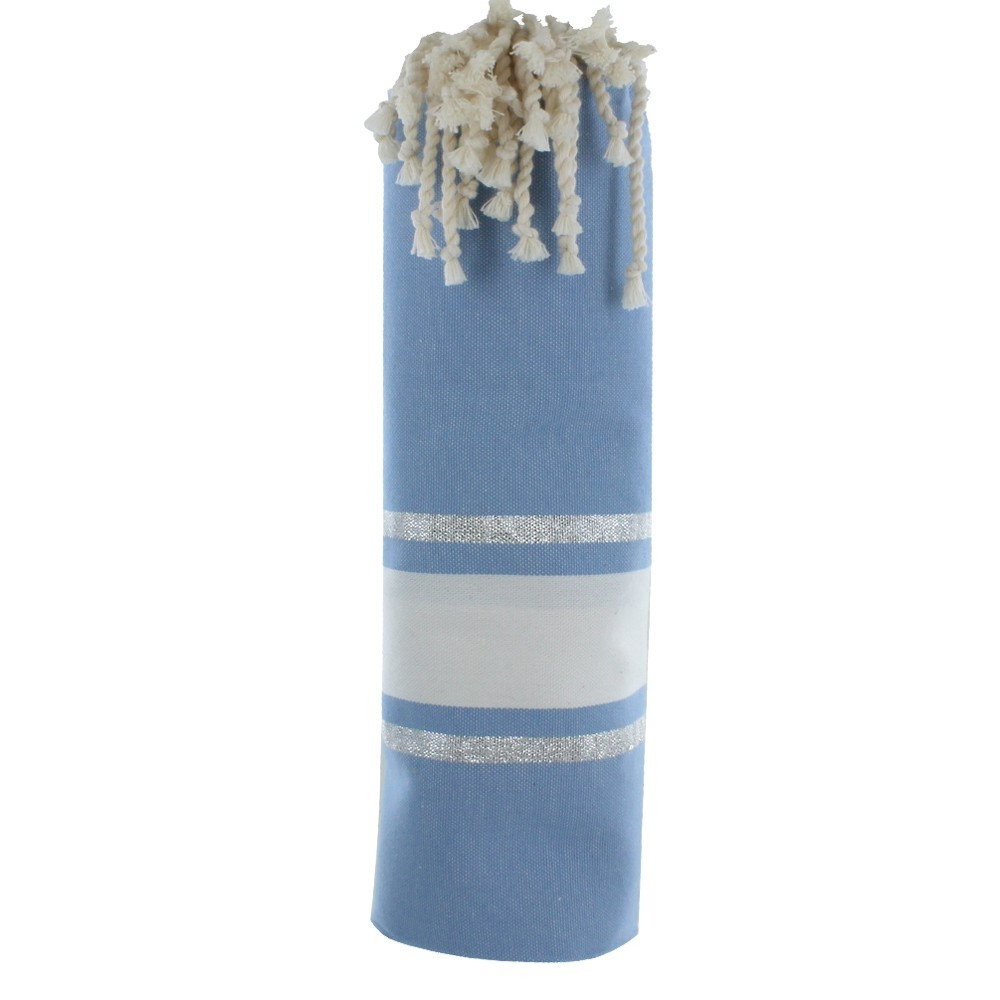 LES POULETTES BIJOUX - V Fouta Drap Plage et Hammam Coton Bleu Rayé Blanc et Lurex
