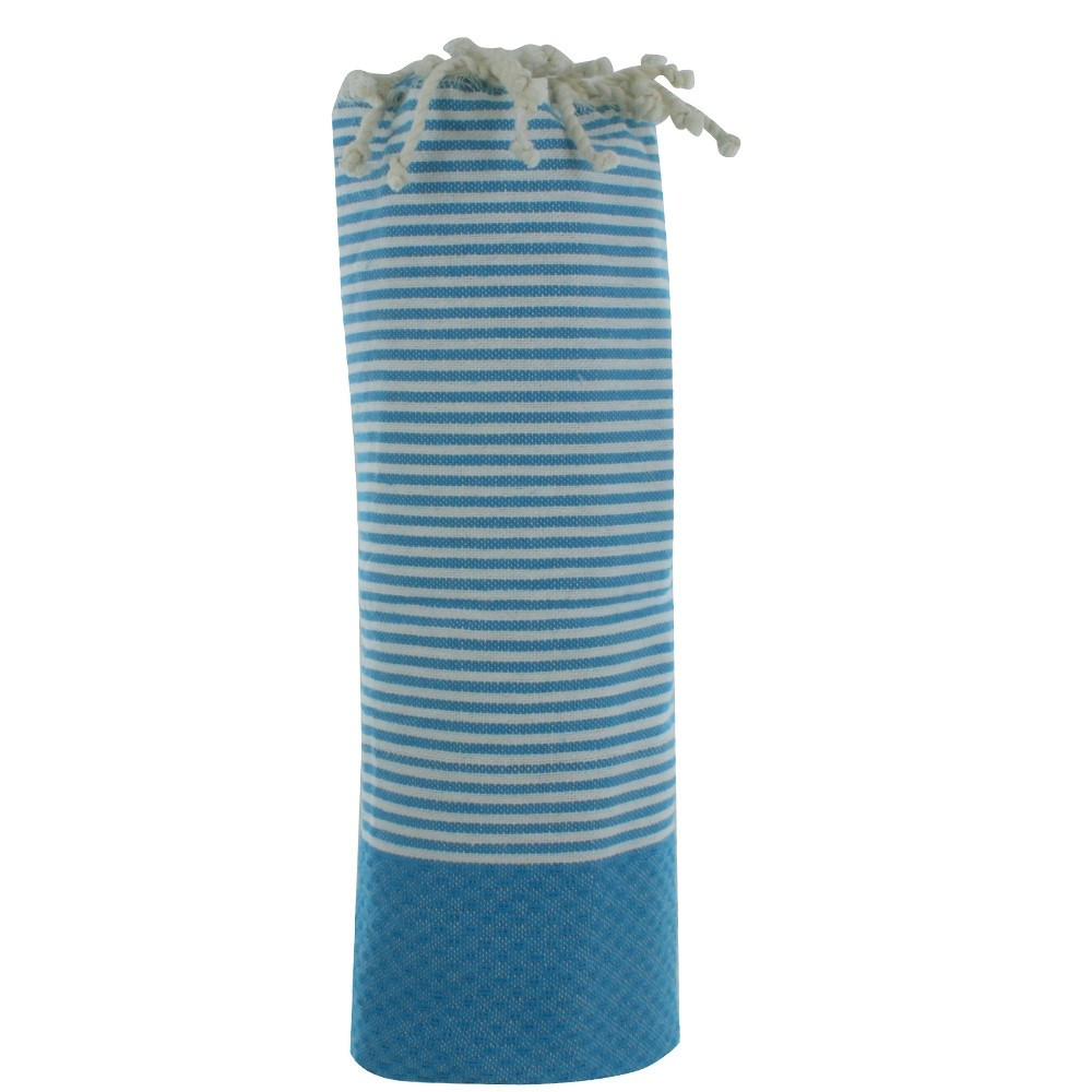 LES POULETTES BIJOUX - Fouta Drap Plage et Hammam Coton Nid d'Abeille Bleu Vert Rayé
