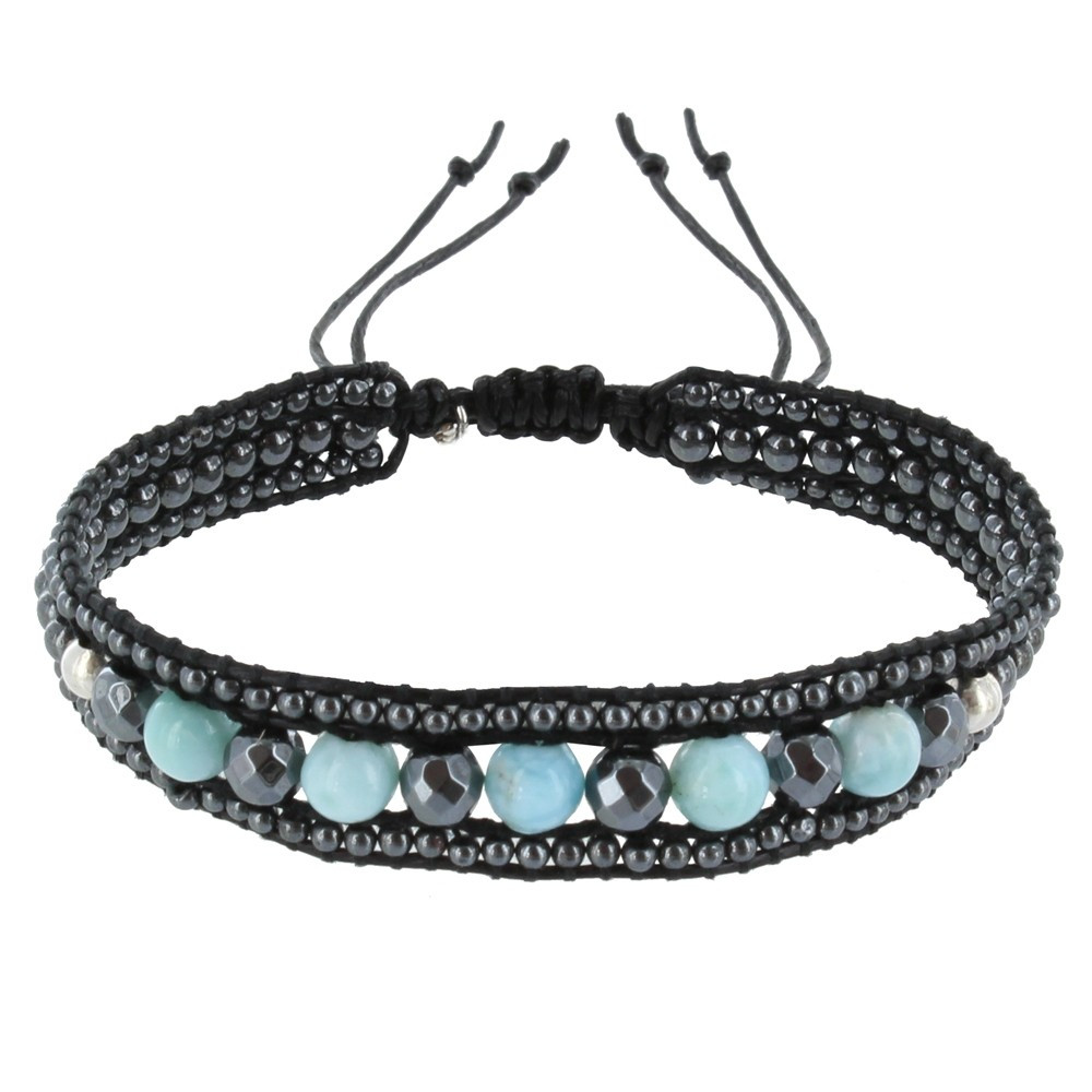 LES POULETTES BIJOUX Bracelet Lien Tréssé Noir Perles d'Hématites et de Larimar