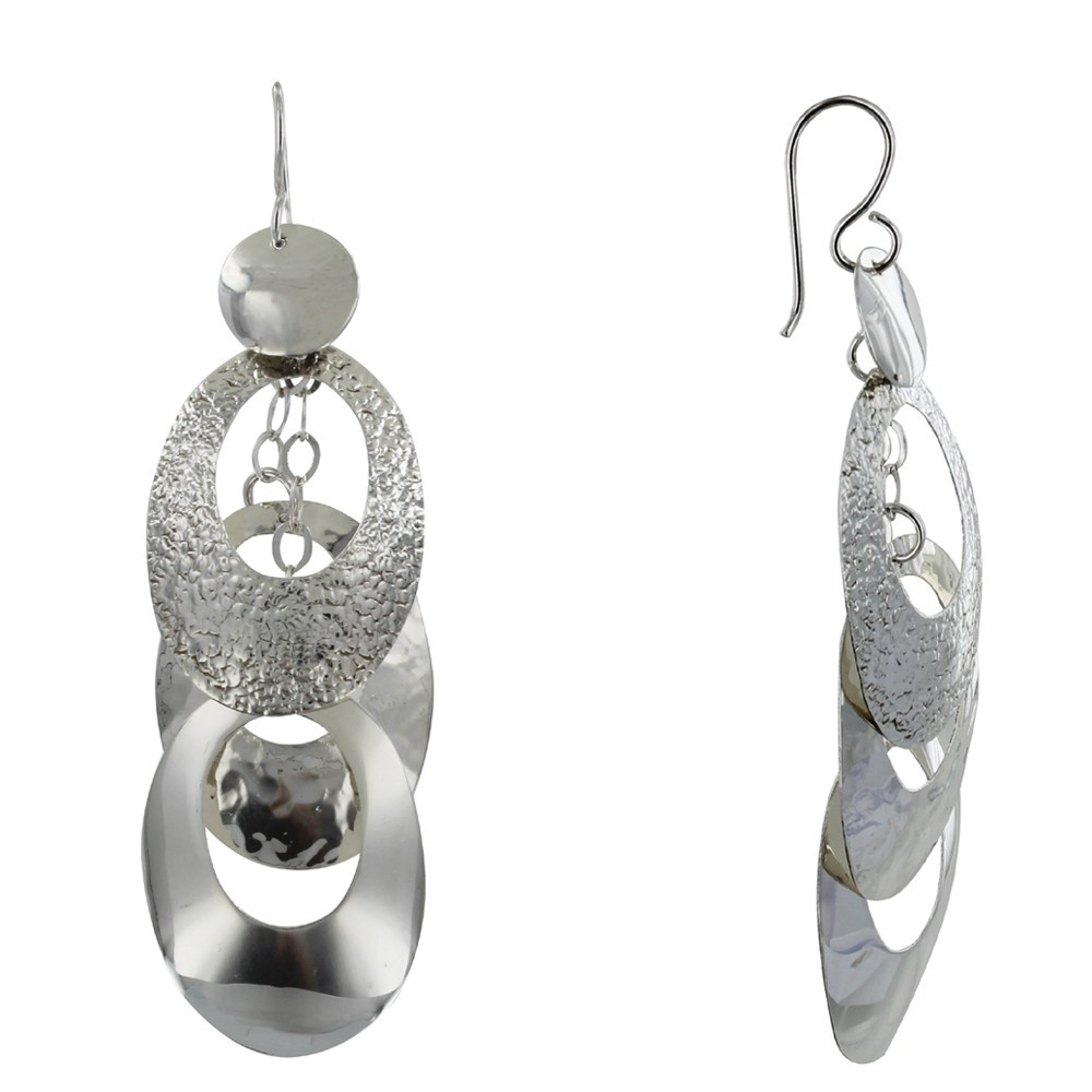 LES POULETTES BIJOUX Boucles d'Oreilles Argent Longues Trois Ovales Martelés