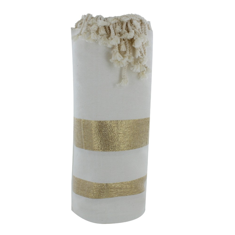 LES POULETTES BIJOUX V Fouta Drap Plage et Hammam Coton Blanc Rayé Lurex Doré