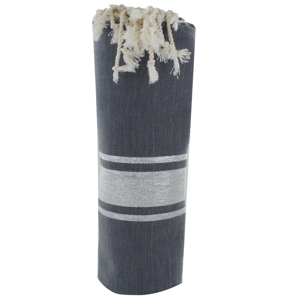 LES POULETTES BIJOUX Fouta Drap Plage et Hammam Coton Gris Grande Bande Lurex Argent