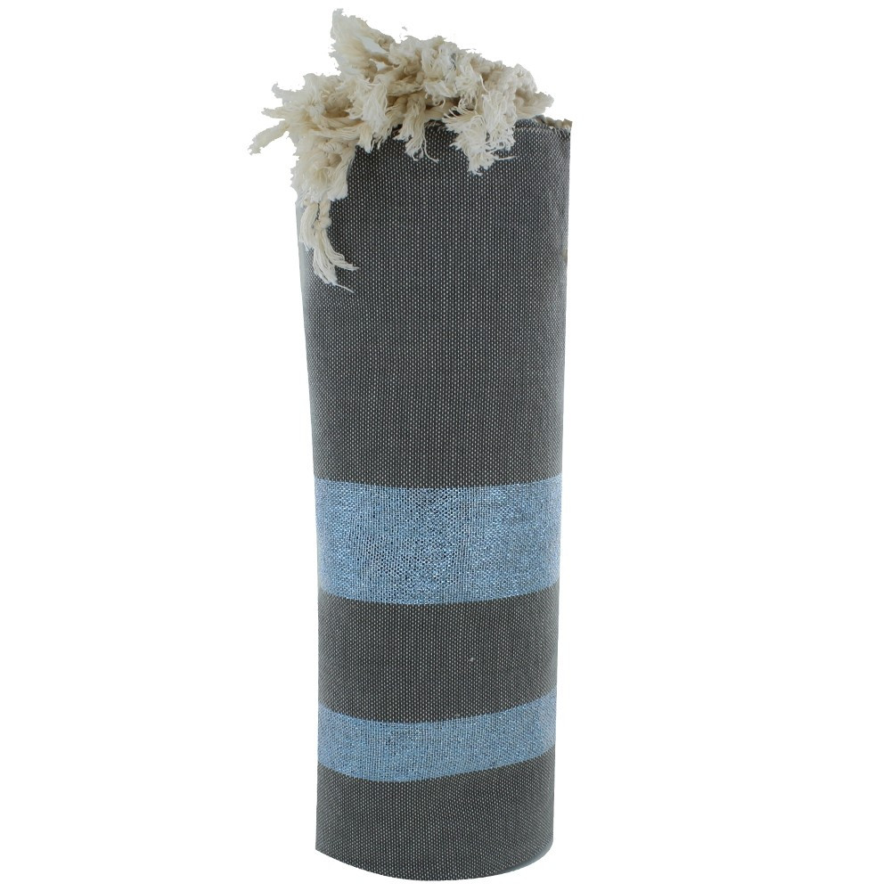 LES POULETTES BIJOUX Fouta Drap Plage et Hammam Coton Taupe Rayé Lurex Bleu