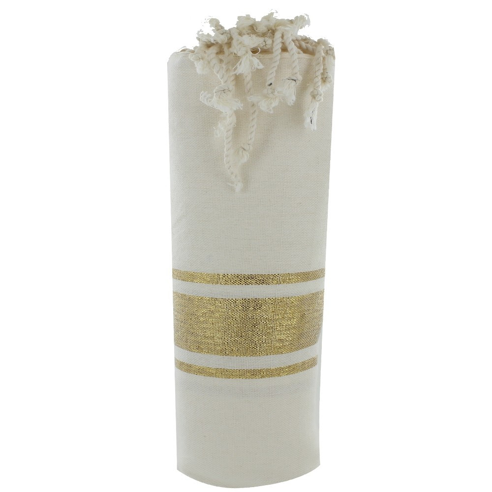 LES POULETTES BIJOUX V Fouta Drap Plage et Hammam Coton Beige Rayé Lurex Doré