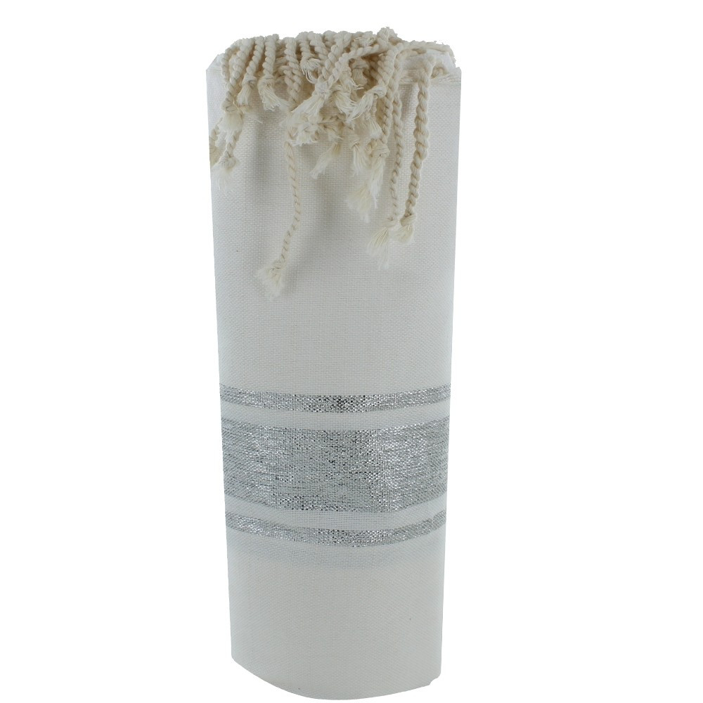 LES POULETTES BIJOUX V Fouta Drap Plage et Hammam Coton Blanc Rayé Lurex Argent