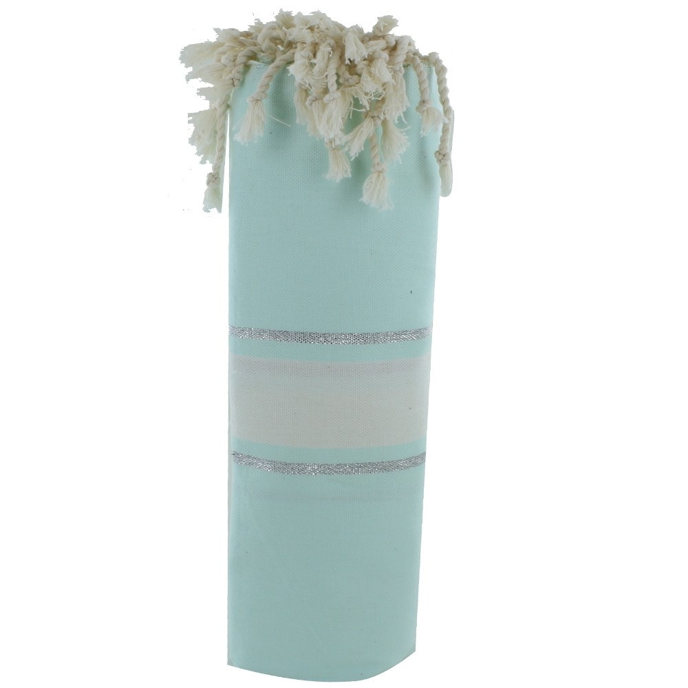 LES POULETTES BIJOUX Fouta Drap Plage et Hammam Coton Vert d'Eau Rayé Blanc et Lurex