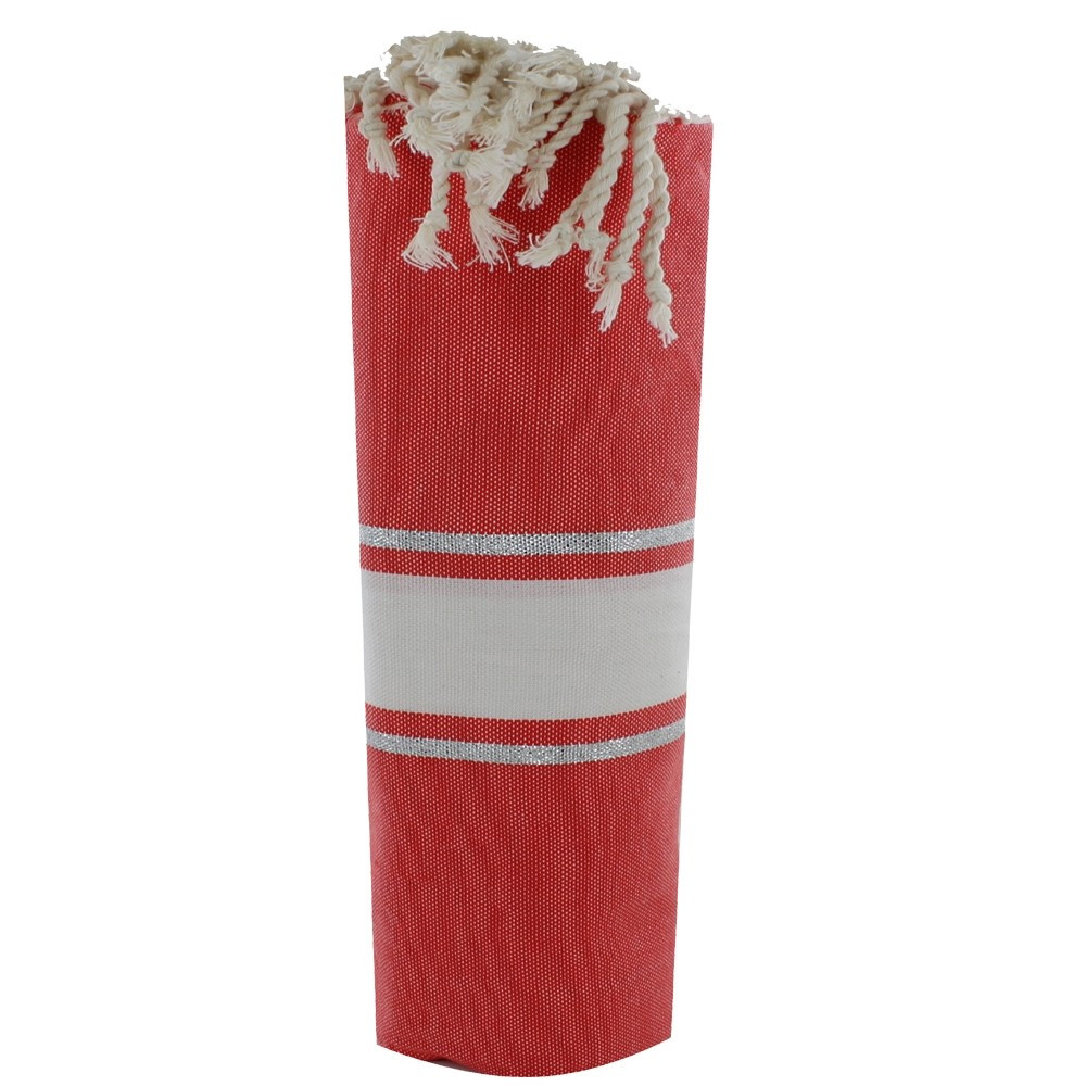LES POULETTES BIJOUX Fouta Drap Plage et Hammam Coton Corail Rayé Blanc et Lurex Arg