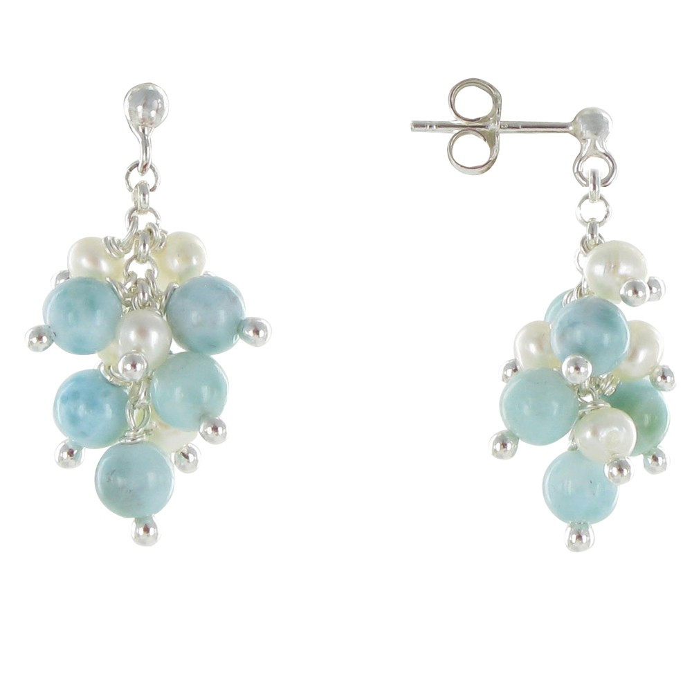 LES POULETTES BIJOUX Boucles d'Oreilles Grappe de Perles de Larimar et d'Eau Douce
