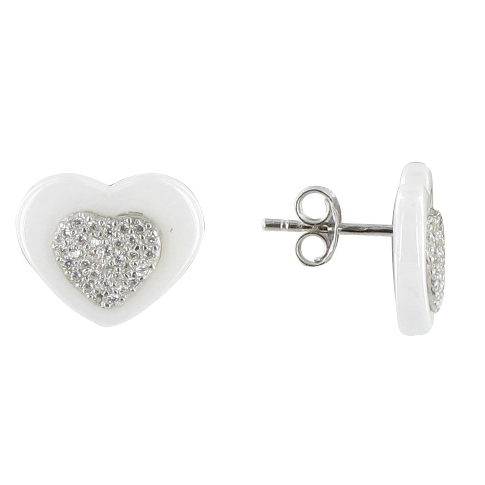 LES POULETTES BIJOUX - V Boucles d'Oreilles Argent Coeur Céramique Blanche et Strass