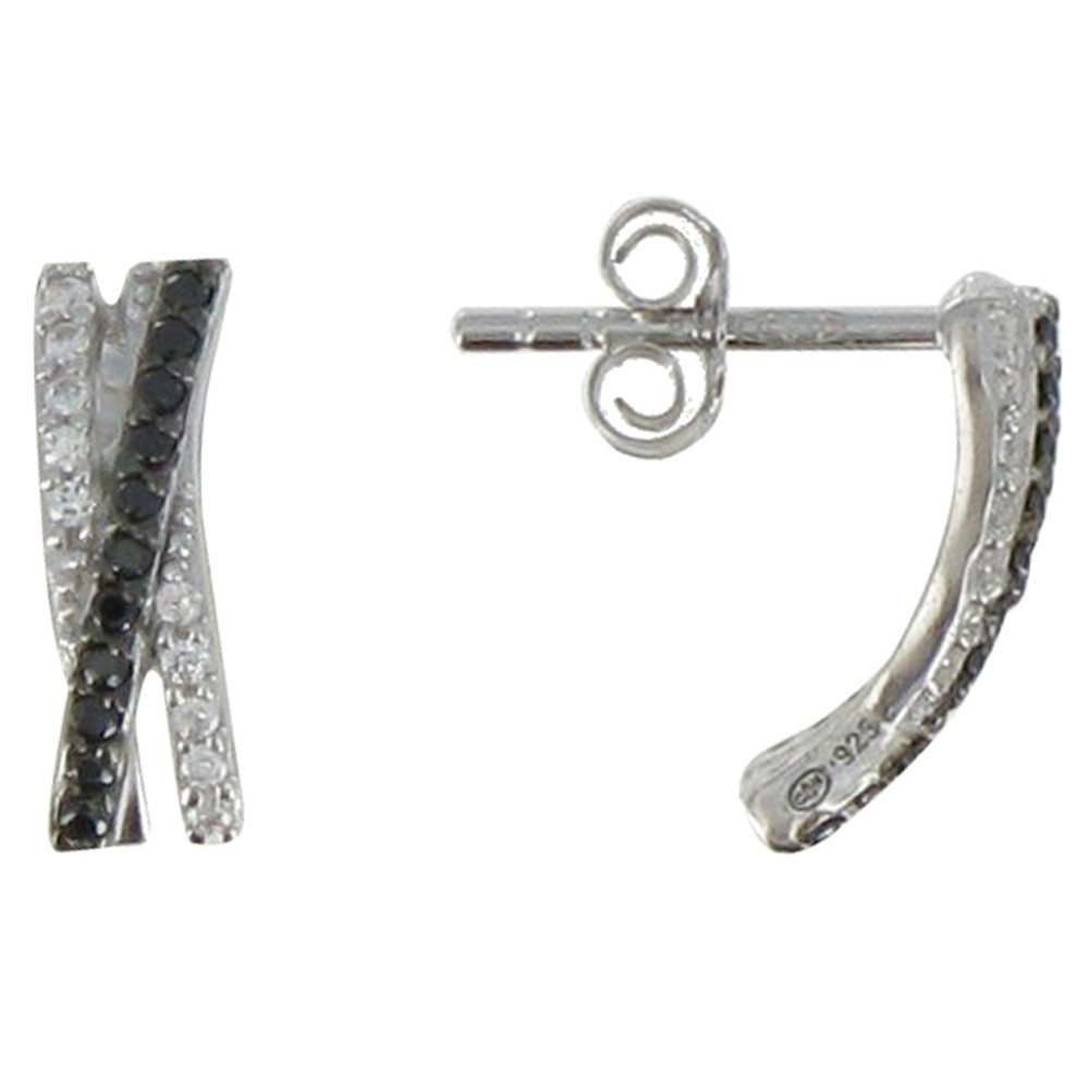 LES POULETTES BIJOUX Boucles d'Oreilles Argent Rhodié Barrette Strass Noir et Cristal