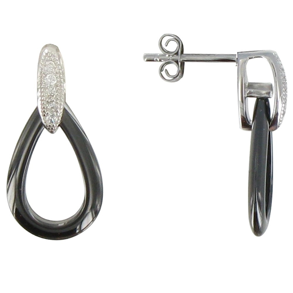 LES POULETTES BIJOUX Boucles d'Oreilles Argent Rhodié Goutte Céramique Noire