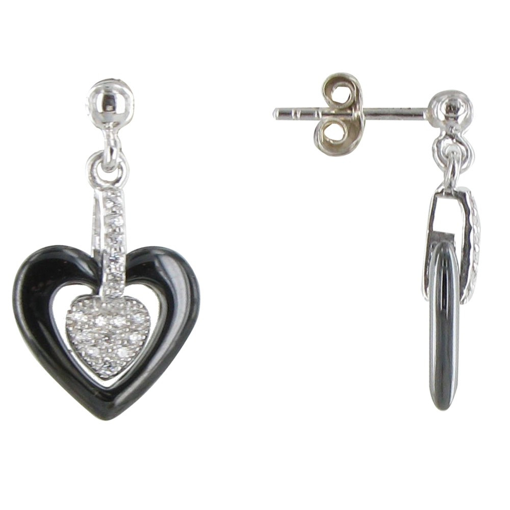 LES POULETTES BIJOUX Boucles d'Oreilles Argent Rhodié Coeur Céramique Noire et Strass