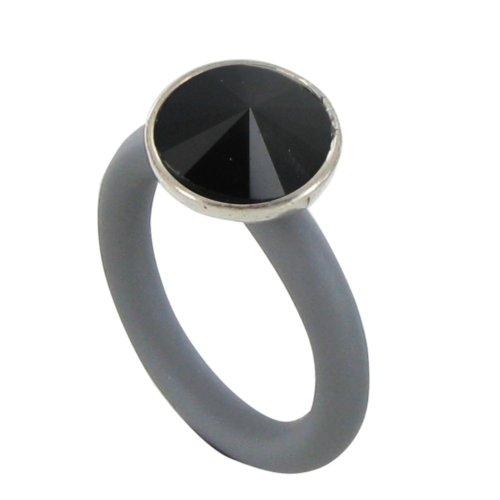 LES POULETTES BIJOUX Bague Anneau Caoutchouc et Cristal Rond Noir