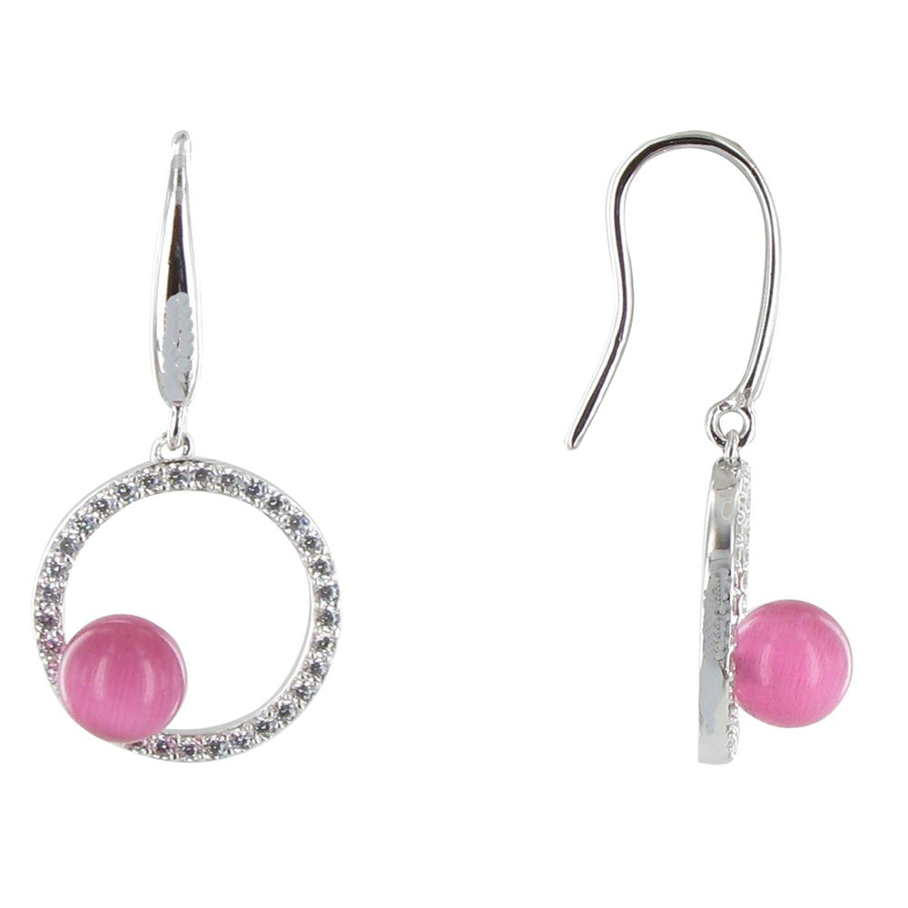 LES POULETTES BIJOUX Boucles d'Oreilles Argent Cercle de Strass et Oeil de Chat Rose